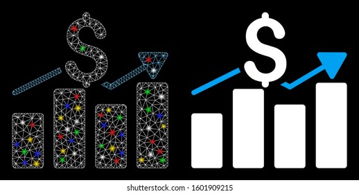 Glowing mesh business chart icon with glare effect. Abstract illuminated model of business chart. Shiny wire frame polygonal mesh business chart icon. Vector abstraction on a black background.