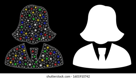 Glowing mesh business lady icon with glow effect. Abstract illuminated model of business lady. Shiny wire frame triangular mesh business lady icon. Vector abstraction on a black background.