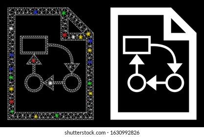 Glowing mesh business plan icon with lightspot effect. Abstract illuminated model of business plan. Shiny wire carcass triangular mesh business plan icon. Vector abstraction on a black background.