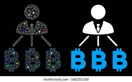 Glowing mesh businessman Bitcoin expences icon with glow effect. Abstract illuminated model of businessman Bitcoin expences. Shiny wire carcass triangular network businessman Bitcoin expences icon.