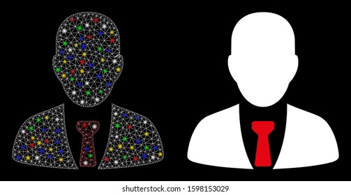 Glowing mesh businessman icon with sparkle effect. Abstract illuminated model of businessman. Shiny wire carcass polygonal mesh businessman icon. Vector abstraction on a black background.