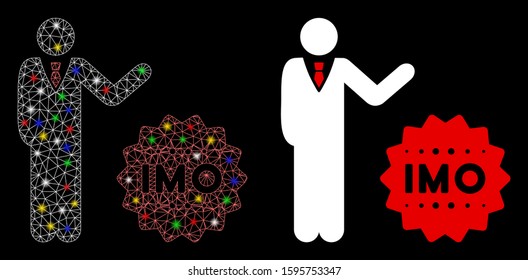 Glowing mesh businessman show IMO token icon with sparkle effect. Abstract illuminated model of businessman show IMO token. Shiny wire carcass triangular mesh businessman show IMO token icon.