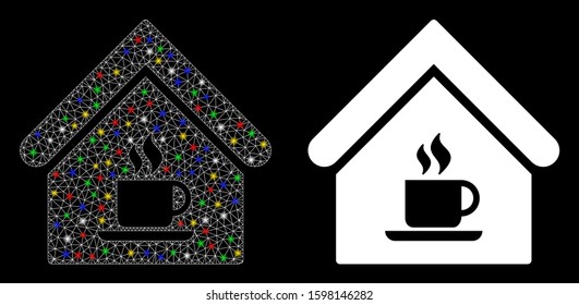 Glowing mesh cafe house icon with lightspot effect. Abstract illuminated model of cafe house. Shiny wire carcass polygonal mesh cafe house icon. Vector abstraction on a black background.