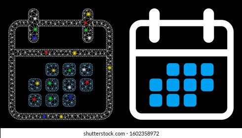 Glowing mesh calendar month icon with glare effect. Abstract illuminated model of calendar month. Shiny wire carcass triangular mesh calendar month icon. Vector abstraction on a black background.