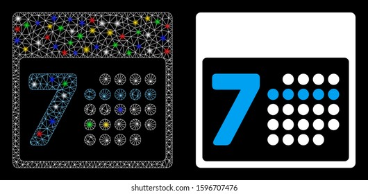 Glowing mesh calendar week icon with sparkle effect. Abstract illuminated model of calendar week. Shiny wire carcass triangular mesh calendar week icon. Vector abstraction on a black background.