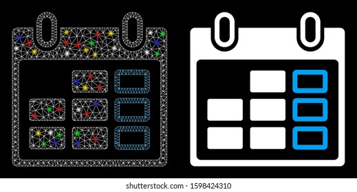 Glowing mesh calendar week icon with glare effect. Abstract illuminated model of calendar week. Shiny wire frame polygonal network calendar week icon. Vector abstraction on a black background.