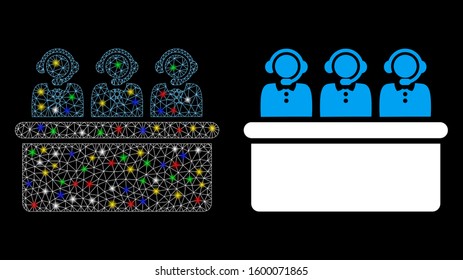 Glowing mesh call center icon with glow effect. Abstract illuminated model of call center. Shiny wire frame triangular mesh call center icon. Vector abstraction on a black background.