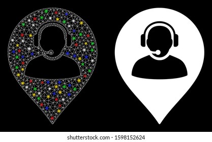 Glowing mesh call center marker icon with glitter effect. Abstract illuminated model of call center marker. Shiny wire frame triangular mesh call center marker icon.