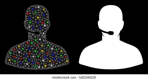 Glowing mesh call center operator icon with glow effect. Abstract illuminated model of call center operator. Shiny wire frame polygonal mesh call center operator icon.