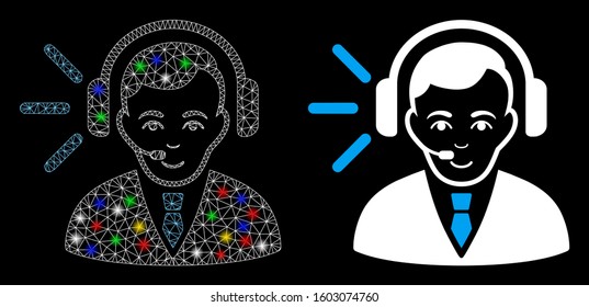 Glowing mesh call center operator icon with glare effect. Abstract illuminated model of call center operator. Shiny wire frame triangular mesh call center operator icon.
