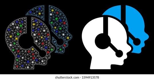 Glowing mesh call center operators icon with sparkle effect. Abstract illuminated model of call center operators. Shiny wire frame polygonal mesh call center operators icon.