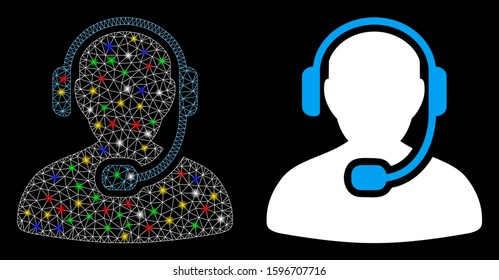 Glowing mesh call center worker icon with lightspot effect. Abstract illuminated model of call center worker. Shiny wire carcass triangular mesh call center worker icon.