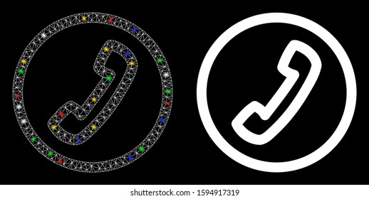 Glowing mesh call icon with sparkle effect. Abstract illuminated model of call. Shiny wire carcass polygonal mesh call icon. Vector abstraction on a black background.