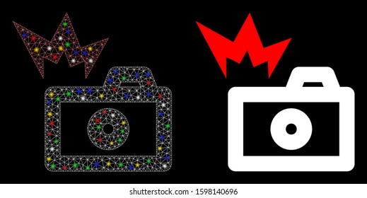 Glowing mesh camera flash icon with glow effect. Abstract illuminated model of camera flash. Shiny wire carcass polygonal mesh camera flash icon. Vector abstraction on a black background.