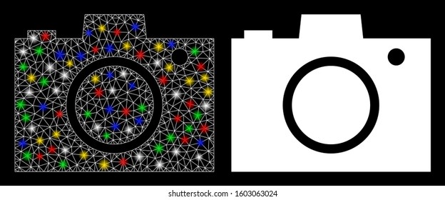 Glowing mesh camera icon with sparkle effect. Abstract illuminated model of camera. Shiny wire carcass triangular mesh camera icon. Vector abstraction on a black background.