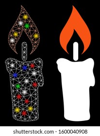 Glowing mesh candle icon with glitter effect. Abstract illuminated model of candle. Shiny wire frame triangular network candle icon. Vector abstraction on a black background.