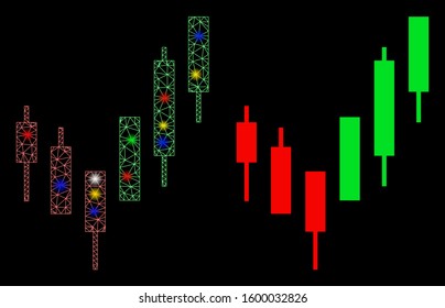 Glowing mesh candlestick chart icon with glare effect. Abstract illuminated model of candlestick chart. Shiny wire frame triangular mesh candlestick chart icon.