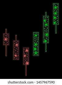 Glowing mesh candlestick chart with sparkle effect. Abstract illuminated model of candlestick chart icon. Shiny wire carcass triangular mesh candlestick chart.