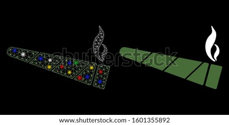 Glowing mesh cannabis cigarette icon with glare effect. Abstract illuminated model of cannabis cigarette. Shiny wire frame polygonal mesh cannabis cigarette icon.