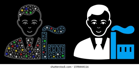 Glowing mesh capitalist oligarch icon with glare effect. Abstract illuminated model of capitalist oligarch. Shiny wire carcass polygonal mesh capitalist oligarch icon.