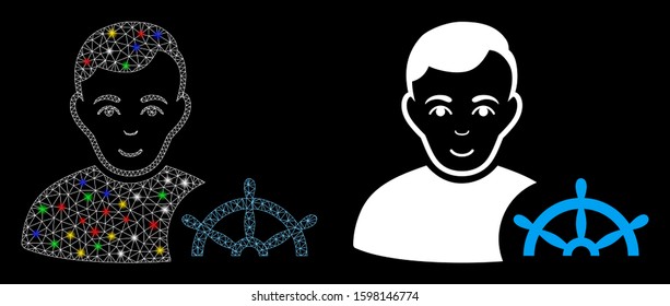 Glowing mesh captain icon with glare effect. Abstract illuminated model of captain. Shiny wire carcass triangular mesh captain icon. Vector abstraction on a black background.