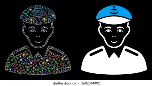Glowing mesh captain icon with lightspot effect. Abstract illuminated model of captain. Shiny wire frame triangular mesh captain icon. Vector abstraction on a black background.
