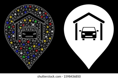 Glowing mesh car garage marker icon with lightspot effect. Abstract illuminated model of car garage marker. Shiny wire carcass triangular mesh car garage marker icon.