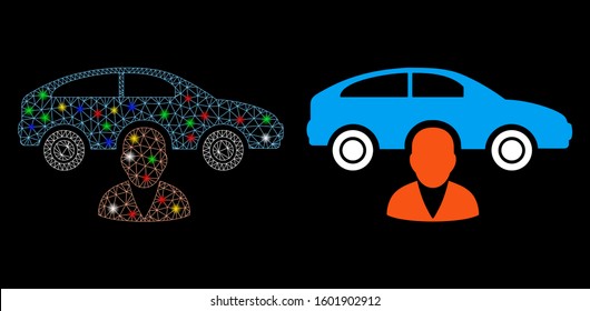 Glowing mesh car owner icon with sparkle effect. Abstract illuminated model of car owner. Shiny wire carcass triangular mesh car owner icon. Vector abstraction on a black background.