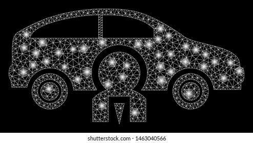 Glowing mesh car owner with lightspot effect. Abstract illuminated model of car owner icon. Shiny wire frame triangular network car owner. Vector abstraction on a black background.