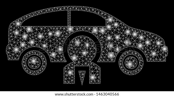 Glowing mesh
car owner with lightspot effect. Abstract illuminated model of car
owner icon. Shiny wire frame triangular network car owner. Vector
abstraction on a black
background.