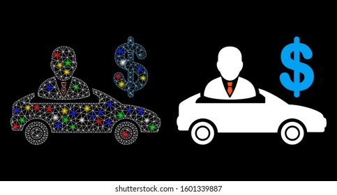 Glowing mesh car seller icon with glitter effect. Abstract illuminated model of car seller. Shiny wire carcass polygonal mesh car seller icon. Vector abstraction on a black background.