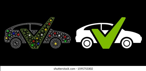 Glowing mesh car test icon with glow effect. Abstract illuminated model of car test. Shiny wire frame triangular mesh car test icon. Vector abstraction on a black background.