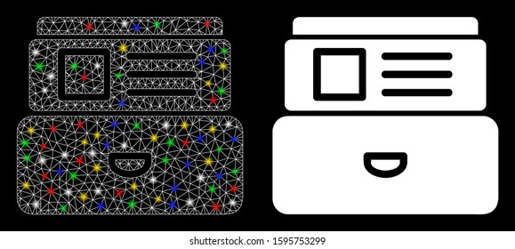 Glowing mesh card index icon with glare effect. Abstract illuminated model of card index. Shiny wire carcass triangular mesh card index icon. Vector abstraction on a black background.