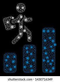 Glowing mesh career chart with glitter effect. Abstract illuminated model of career chart icon. Shiny wire frame triangular mesh career chart. Vector abstraction on a black background.