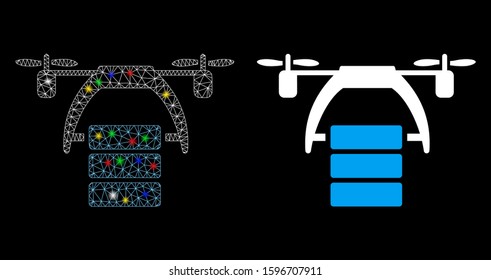 Glowing mesh cargo drone icon with glare effect. Abstract illuminated model of cargo drone. Shiny wire frame polygonal network cargo drone icon. Vector abstraction on a black background.