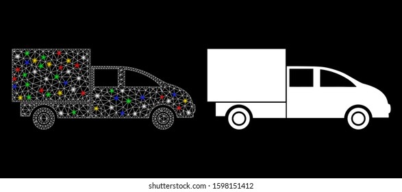 Glowing mesh cargo icon with glare effect. Abstract illuminated model of cargo. Shiny wire frame triangular mesh cargo icon. Vector abstraction on a black background.