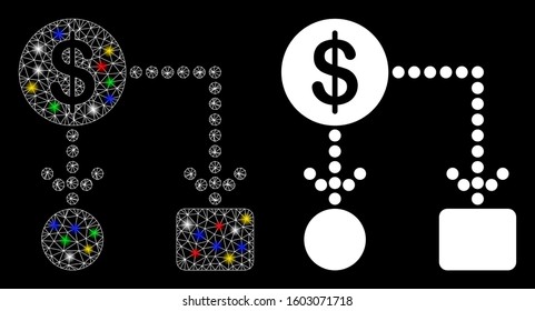 Glowing Mesh Cashflow Icon With Glow Effect. Abstract Illuminated Model Of Cashflow. Shiny Wire Frame Polygonal Mesh Cashflow Icon. Vector Abstraction On A Black Background.