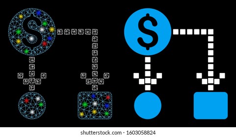 Glowing Mesh Cashflow Icon With Sparkle Effect. Abstract Illuminated Model Of Cashflow. Shiny Wire Carcass Triangular Mesh Cashflow Icon. Vector Abstraction On A Black Background.