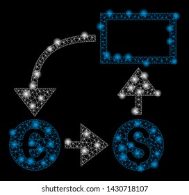 Glowing Mesh Cashflow With Lightspot Effect. Abstract Illuminated Model Of Cashflow Icon. Shiny Wire Carcass Triangular Mesh Cashflow. Vector Abstraction On A Black Background.