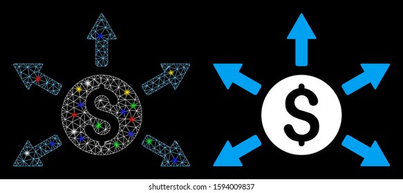 Glowing mesh cashout icon with sparkle effect. Abstract illuminated model of cashout. Shiny wire carcass polygonal mesh cashout icon. Vector abstraction on a black background.