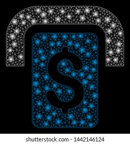 Glowing mesh cashpoint with glare effect. Abstract illuminated model of cashpoint icon. Shiny wire carcass triangular network cashpoint. Vector abstraction on a black background.