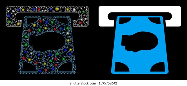 Glowing mesh cashpoint icon with sparkle effect. Abstract illuminated model of cashpoint. Shiny wire carcass triangular network cashpoint icon. Vector abstraction on a black background.