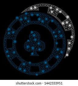 Glowing mesh casino chips with glitter effect. Abstract illuminated model of casino chips icon. Shiny wire carcass polygonal mesh casino chips. Vector abstraction on a black background.