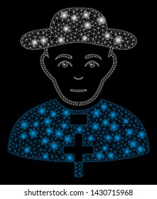 Glowing mesh catholic shepherd with lightspot effect. Abstract illuminated model of catholic shepherd icon. Shiny wire frame triangular mesh catholic shepherd.