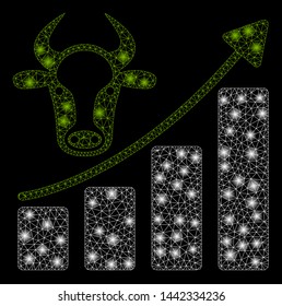 Glowing mesh cattle chart grow up with glare effect. Abstract illuminated model of cattle chart grow up icon. Shiny wire frame triangular mesh cattle chart grow up.