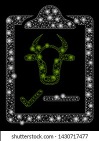 Glowing mesh cattle contract with glow effect. Abstract illuminated model of cattle contract icon. Shiny wire frame polygonal mesh cattle contract. Vector abstraction on a black background.
