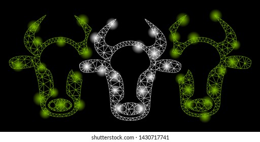 Glowing mesh cattle with sparkle effect. Abstract illuminated model of cattle icon. Shiny wire carcass polygonal mesh cattle. Vector abstraction on a black background.
