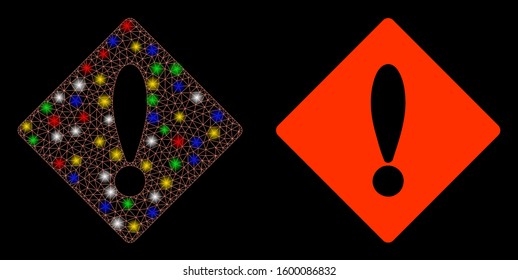 Glowing mesh caution icon with glow effect. Abstract illuminated model of caution. Shiny wire frame polygonal mesh caution icon. Vector abstraction on a black background.