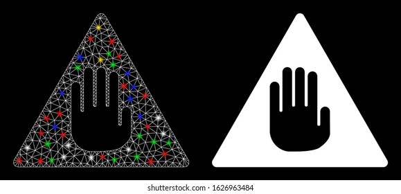 Glowing mesh caution icon with lightspot effect. Abstract illuminated model of caution. Shiny wire frame triangular mesh caution icon. Vector abstraction on a black background.