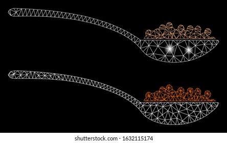 Glowing mesh caviar spoon with sparkle effect. Abstract illuminated model of caviar spoon icon. Shiny wire frame polygonal mesh caviar spoon icon. Vector abstraction on a black background.